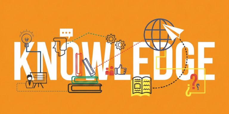 scritta KNOWLEDGE base in bianco, maiuscola, su fondo arancione acceso, corredata da elementi tipici della conoscenza, come libri, pc, ingranaggi, testa umana, lampadina
