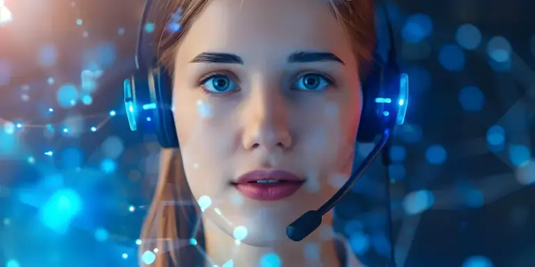 Volto di una ragazza fatta volutamente con AI con cuffie e microfono per simulare un risponditore AI