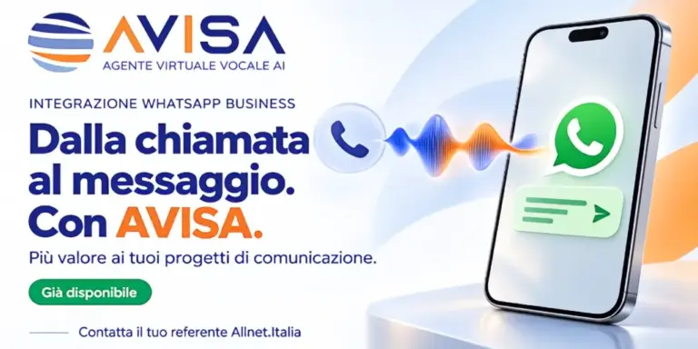 grafica con logo Avisa, scritta blu 'dalla chiamata al messaggio con Avisa (questo in arancione). Immagine di un cellulare con icona watsapp al centro