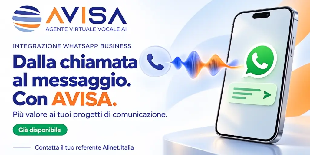 Integrazione-Watsapp-business-Avisa-ok grafica con logo Avisa, scritta blu 'dalla chiamata al messaggio con Avisa (questo in arancione). Immagine di un cellulare con icona watsapp al centro